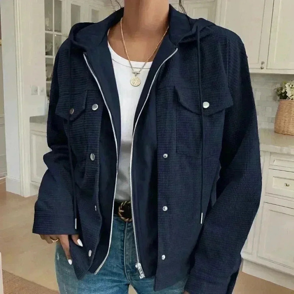 Navy Blue Casual Women's Solid Color Minimalist Hooded Long Sleeve Jacket - Picture 5 of 5